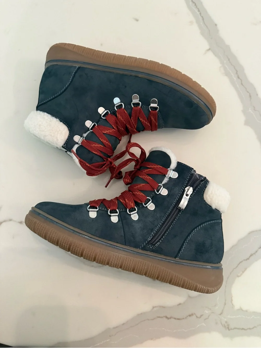 Everly Navy Winter Ankle Boot with Brown Sole and Red Laces
